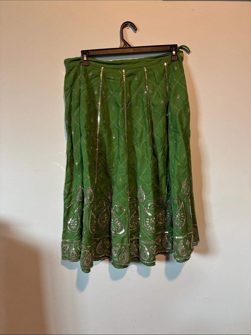 WD.NY Green A-Line Skirt with Silver Paisley Embroidery